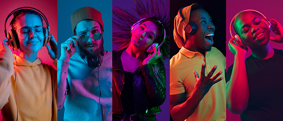 Image showing Collage of portraits of young people on multicolored background in neon