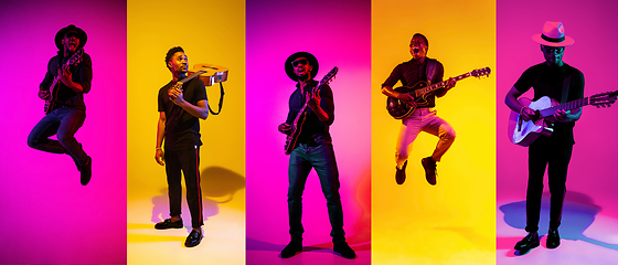 Image showing Collage of portraits of young musicians on multicolored background in neon