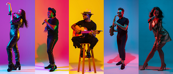 Image showing Collage of portraits of young musicians on multicolored background in neon