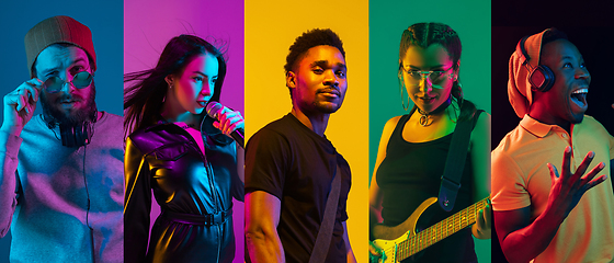 Image showing Collage of portraits of young musicians on multicolored background in neon