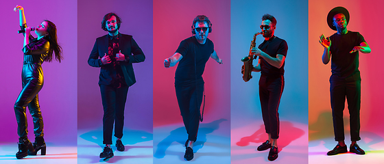 Image showing Collage of portraits of young musicians on multicolored background in neon