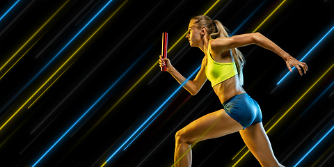 Image showing Creative sport and neon lines on dark background, flyer, proposal