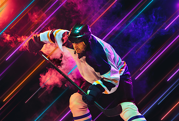 Image showing Creative sport and neon lines on dark background, flyer, proposal