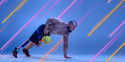 Image showing Creative sport and neon lines on blue background, flyer, proposal