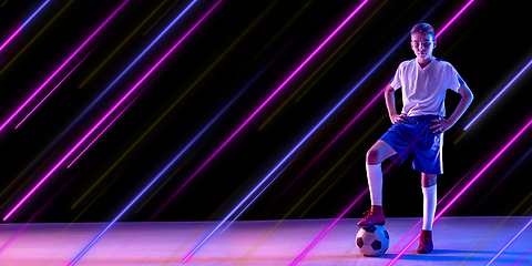 Image showing Creative sport and neon lines on dark background, flyer, proposal