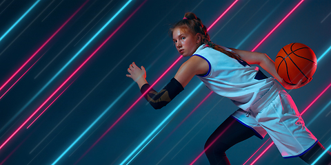 Image showing Creative sport and neon lines on dark background, flyer, proposal