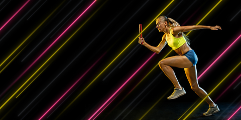 Image showing Creative sport and neon lines on dark background, flyer, proposal