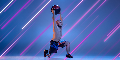 Image showing Creative sport and neon lines on blue background, flyer, proposal