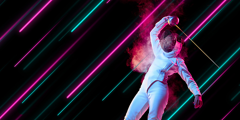 Image showing Creative sport and neon lines on dark background, flyer, proposal