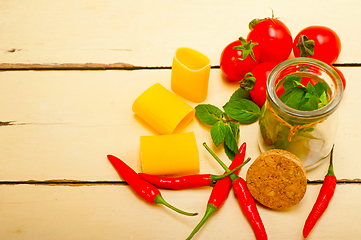 Image showing Italian pasta paccheri with tomato mint and chili pepper