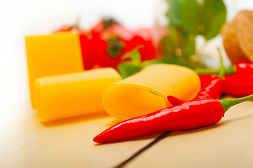 Image showing Italian pasta paccheri with tomato mint and chili pepper