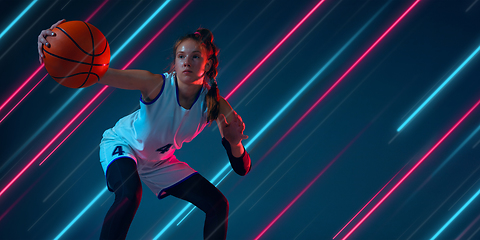 Image showing Creative sport and neon lines on dark background, flyer, proposal