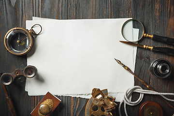 Image showing Old fashioned flat lay with letters writing accessories on dark wooden background