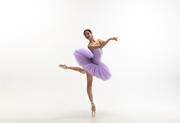 Image showing Young graceful tender ballerina on white studio background