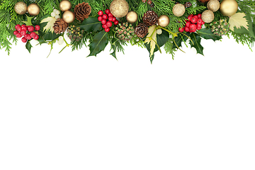 Image showing Christmas Background Border with Gold Baubles and Flora