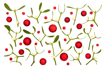 Image showing Christmas Mistletoe Holly Berries and Red Baubles