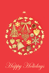 Image showing Happy Holidays Christmas Tree Bauble with Gold Objects