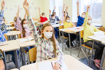 Image showing group of students in masks raising hands at school