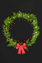 Image showing Christmas Holly Mistletoe and Cedar Leaf Abstract Wreath