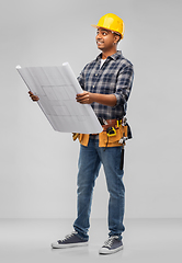 Image showing happy indian builder in helmet with blueprint