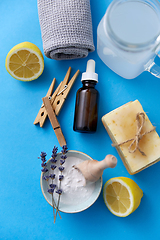 Image showing washing soda, soap, towel, dropper and clothespins