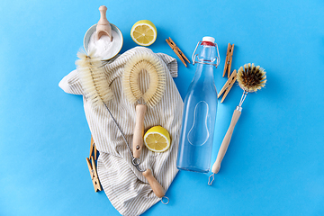 Image showing vinegar, lemons, soda, clothespins and brushes