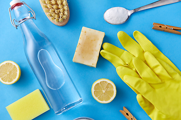 Image showing vinegar, lemons, washing soda, gloves and brush