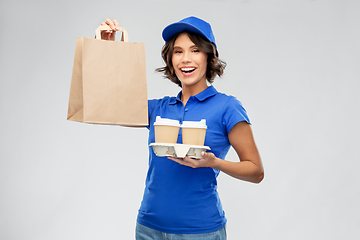 Image showing delivery woman with takeaway food and drinks