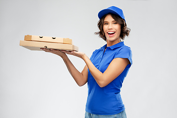 Image showing delivery woman with takeaway pizza boxes