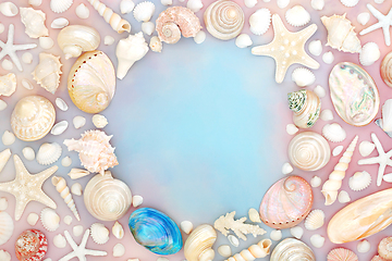 Image showing Seashell Border on Rainbow Sky Cloud Background