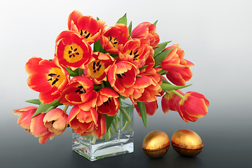 Image showing Gold  Easter Eggs with Spring Tulips Composition