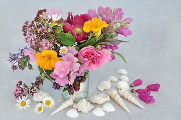 Image showing  Beautiful Summer Flower and Herb Composition and Seashells