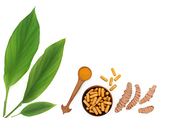 Image showing Turmeric Herb Root with Leaves Powder and Supplement Capsules