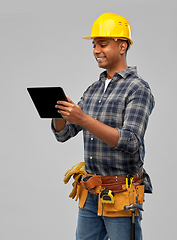 Image showing happy indian builder in helmet with tablet pc