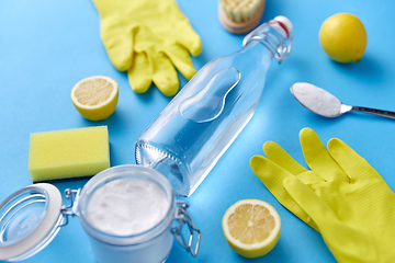 Image showing vinegar, lemons, washing soda, gloves and brush