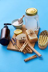 Image showing washing soda, soap, brushes, lemon and clothespins