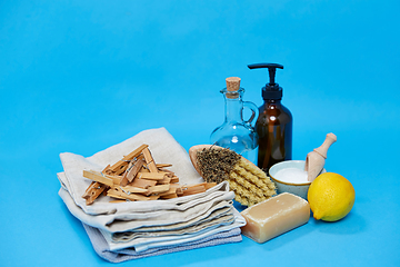 Image showing baking soda, lemon, brush, vinegar and clothespins