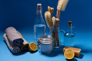 Image showing lemons, soap, washing soda, vinegar and brushes