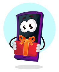 Image showing Mobile emoji with a present illustration vector on white backgro