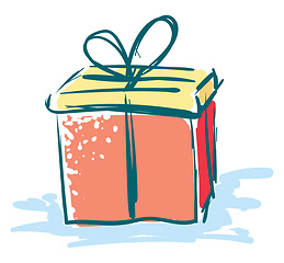 Image showing Painting of a colorful present box tied with a blue ribbon and t