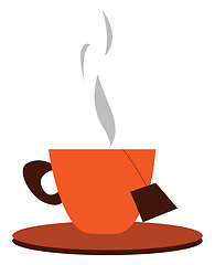 Image showing A tea-cup and saucer with hot tea and a dip tea bag vector color