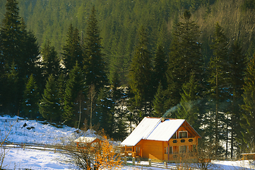 Image showing Wooden house  Carpathians mountains winter