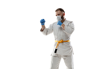 Image showing Sportsman in protective mask, coronavirus treatment illustration concept