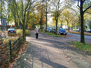 Image showing The lonely woman on a path in the autumn.