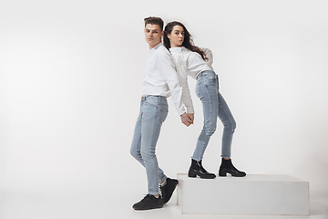 Image showing Trendy fashionable couple isolated on white studio background