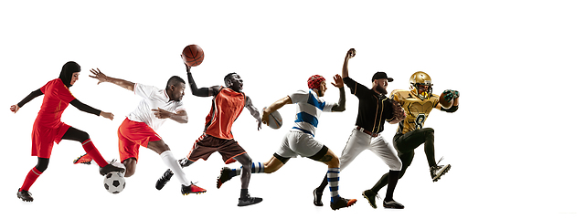 Image showing Young and emotional sportsmen running and jumping on white background, flyer with copyspace