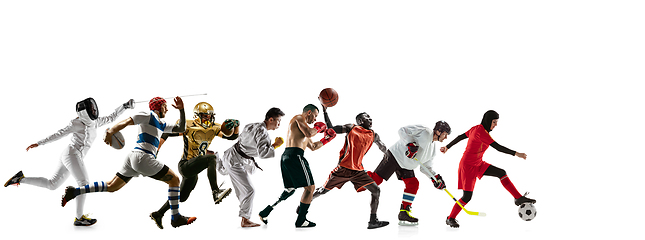 Image showing Young and emotional sportsmen running and jumping on white background, flyer with copyspace