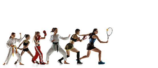 Image showing Young and emotional sportsmen running and jumping on white background, flyer with copyspace