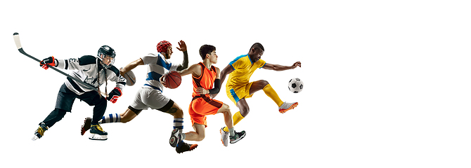 Image showing Young and emotional sportsmen running and jumping on white background, flyer with copyspace