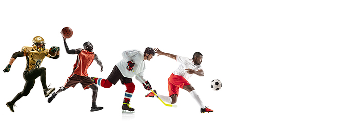 Image showing Young and emotional sportsmen running and jumping on white background, flyer with copyspace